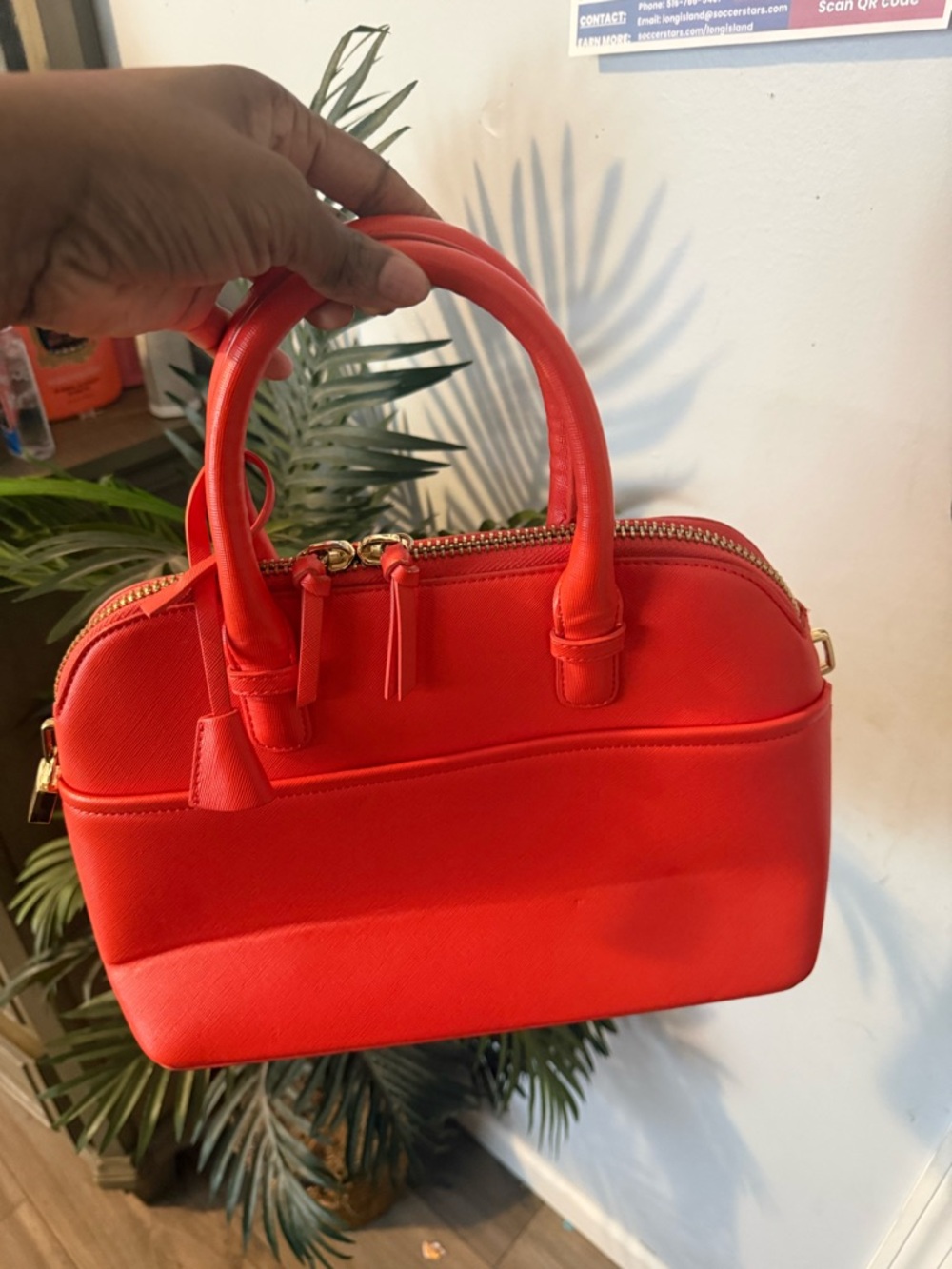 Structured Red Dome Satchel Handbag with Dual Top Handles